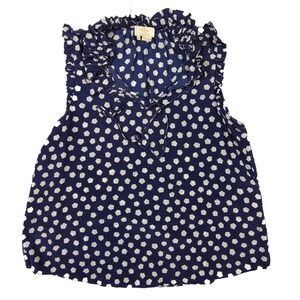 Kate Spade Navy Silk Cloud Polka Dot Sleeveless Ruffled Blouse Women's Size M
